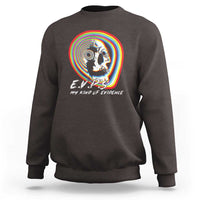 Charcoal crewneck sweatshirt with rainbow ghost graphic and “My Kind of Evidence” text