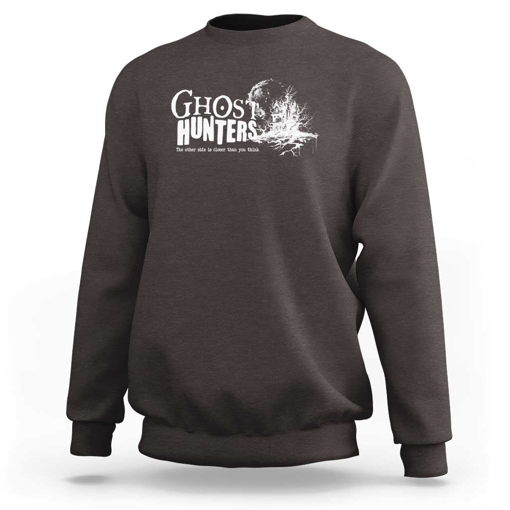 Ghost Hunter sweatshirt, dark charcoal crewneck with chest graphic print