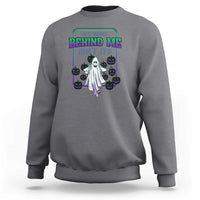 Gray Halloween ghost graphic sweatshirt, “It’s Right Behind Me Isn’t It” print on front