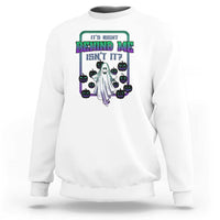 White Halloween ghost graphic sweatshirt, “It’s Right Behind Me Isn’t It” print on front