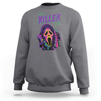 Charcoal gray Halloween sweatshirt with neon skull "Have a Killer Day" graphic