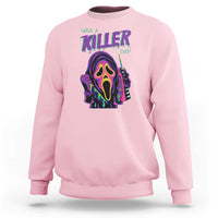 Light pink Halloween sweatshirt with neon skull "Have a Killer Day" graphic