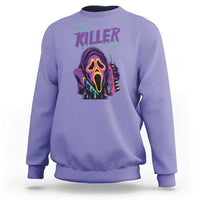 Violet Halloween sweatshirt with neon skull "Have a Killer Day" graphic