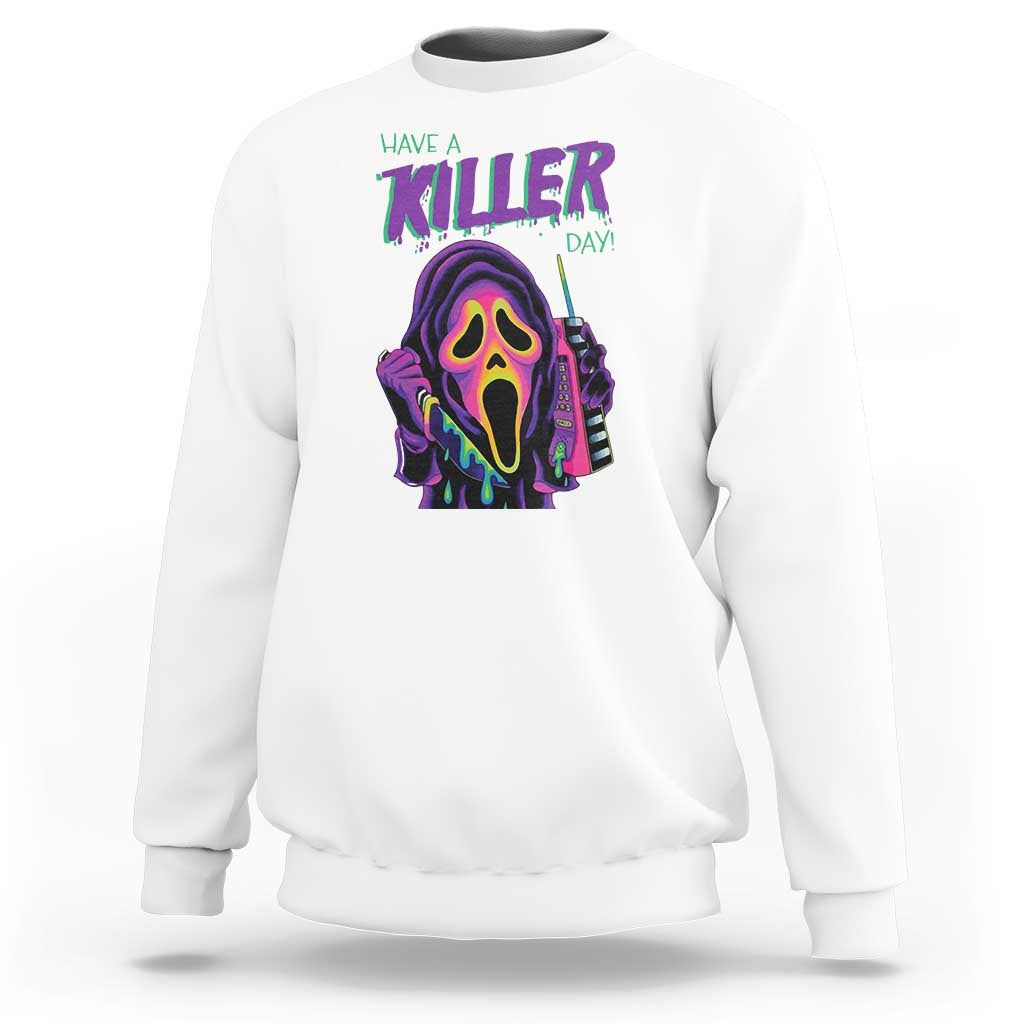 White Halloween sweatshirt with neon skull "Have a Killer Day" graphic
