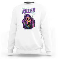 White Halloween sweatshirt with neon skull "Have a Killer Day" graphic