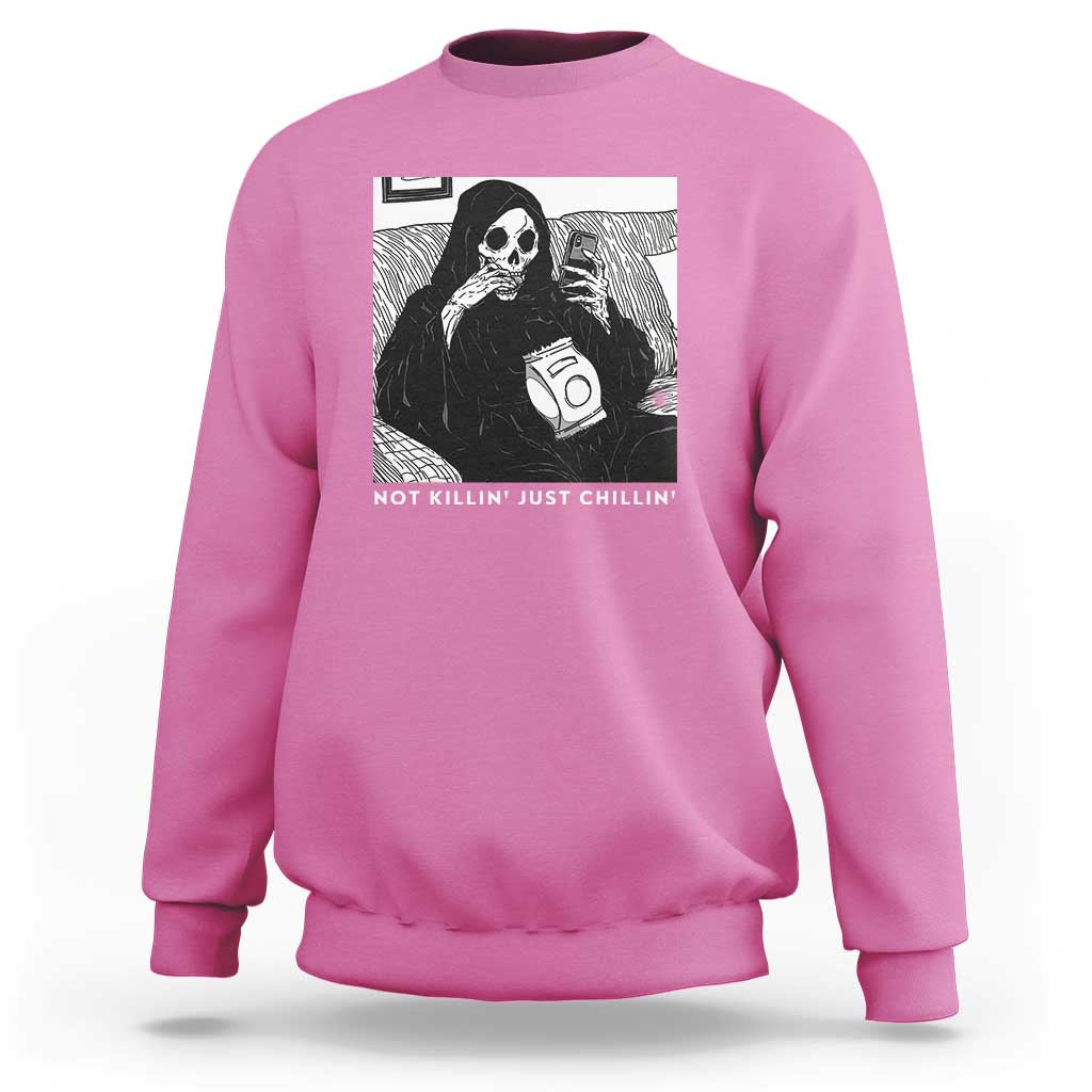 Azalea crewneck sweatshirt with grim reaper graphic and chilling slogan text