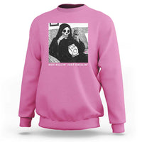 Azalea crewneck sweatshirt with grim reaper graphic and chilling slogan text