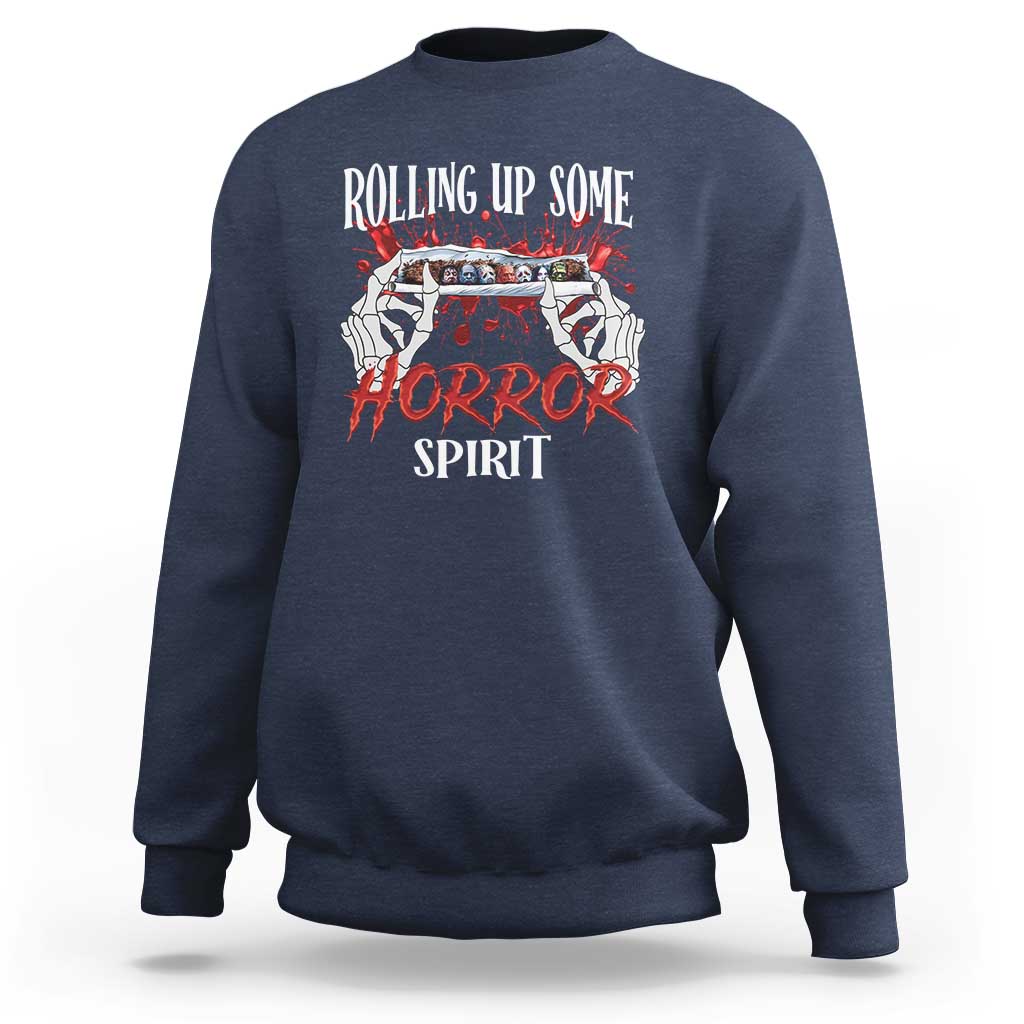 Navy Halloween sweatshirt with front graphic reading “Rolling Up Some Horror Spirit”