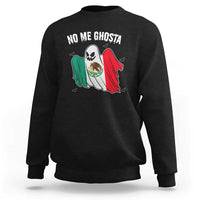 Black crewneck sweatshirt with “No Me Ghosta” ghost graphic and colorful flag design