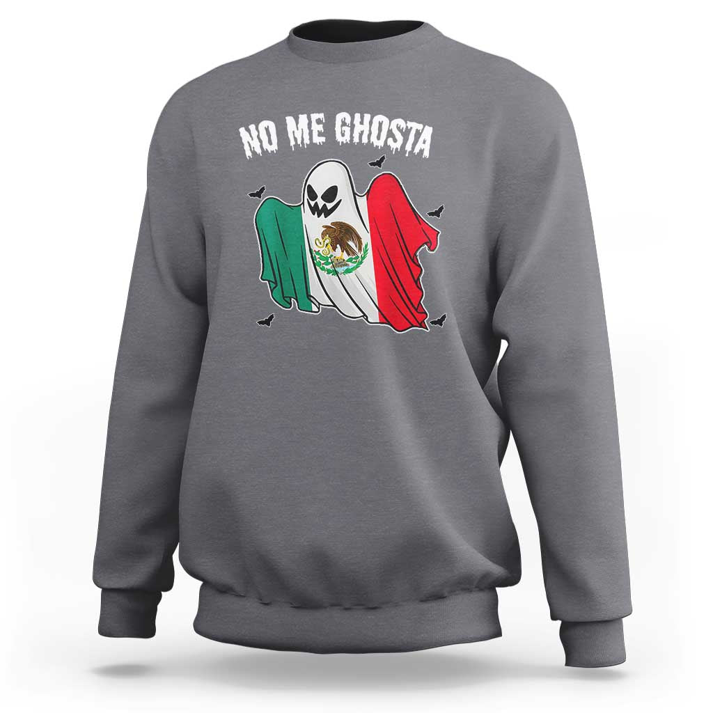 Charcoal gray crewneck sweatshirt with “No Me Ghosta” ghost graphic and colorful flag design