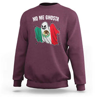 Maroon crewneck sweatshirt with “No Me Ghosta” ghost graphic and colorful flag design