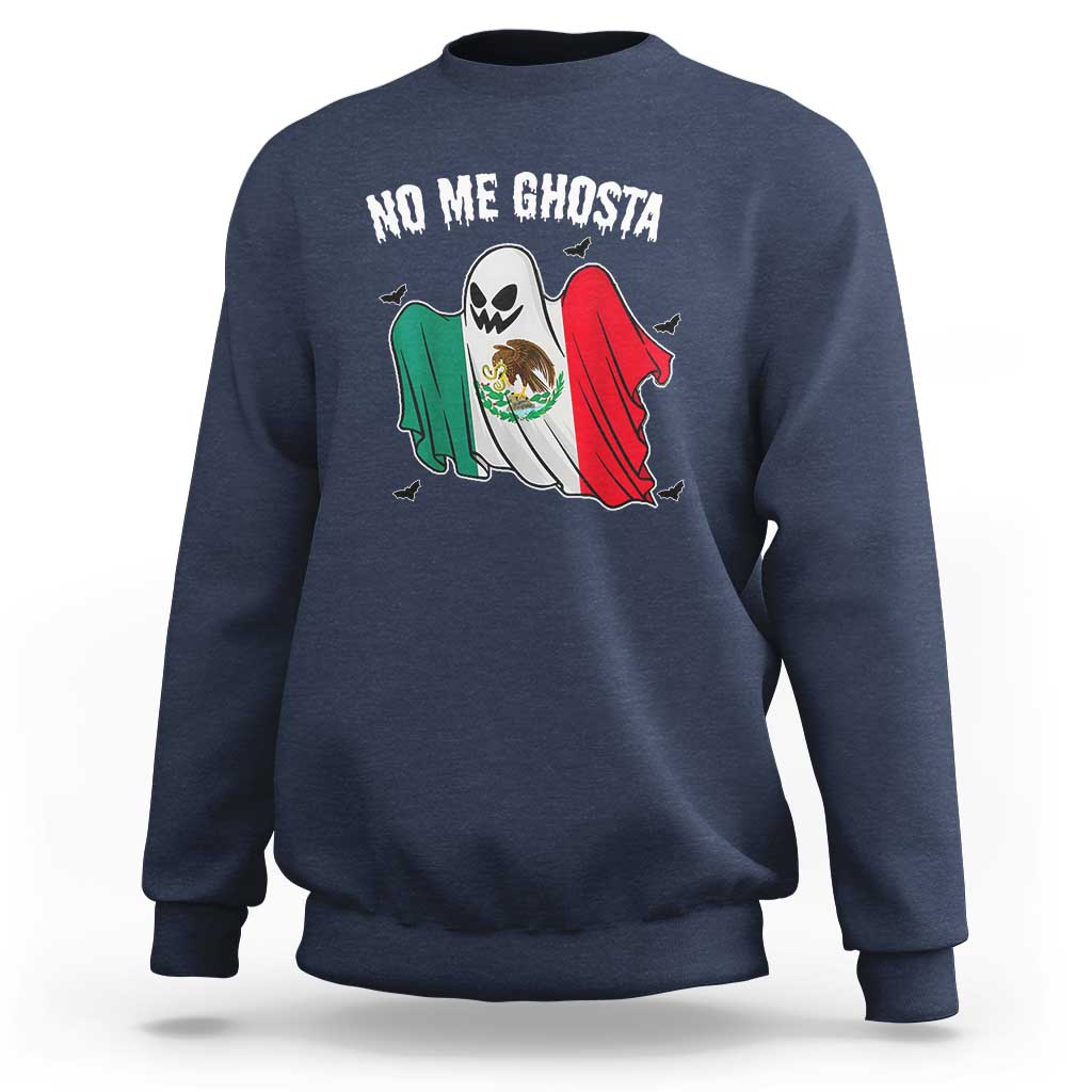 Navy crewneck sweatshirt with “No Me Ghosta” ghost graphic and colorful flag design