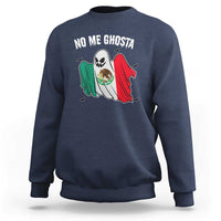 Navy crewneck sweatshirt with “No Me Ghosta” ghost graphic and colorful flag design