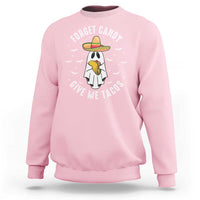 Light pink unisex Halloween sweatshirt with ghost holding taco; 'Forget Candy Give Me Tacos'.