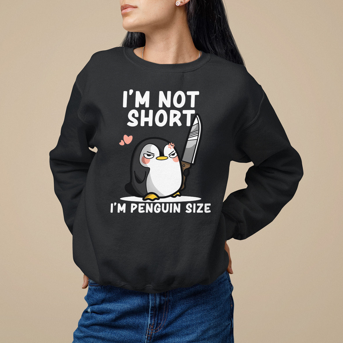Black crewneck sweatshirt with front penguin graphic and 'I'm not short' text