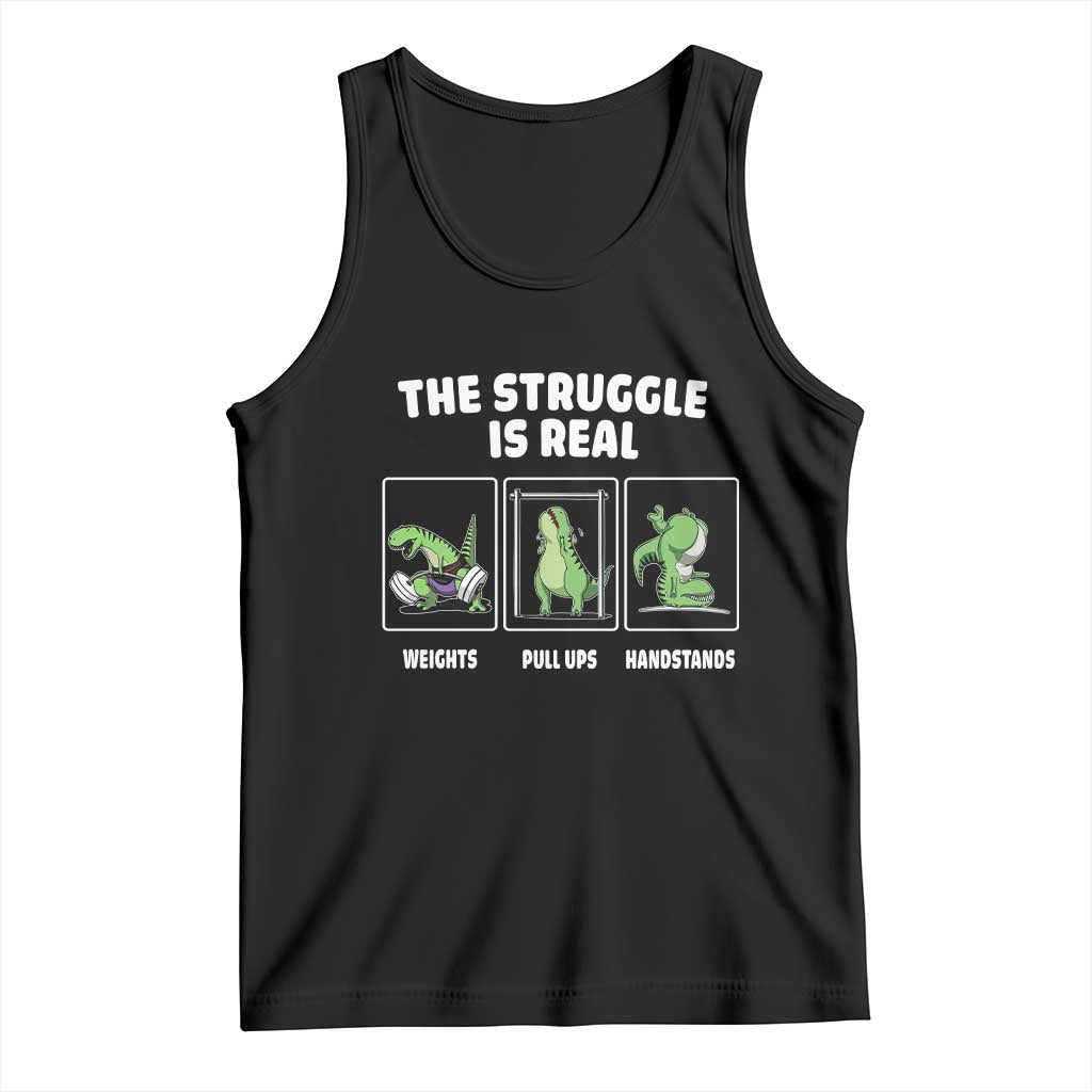 Black dinosaur fitness tank top with three-panel dinosaur workout graphic and slogan