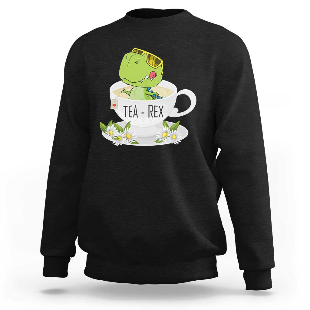 Black crewneck sweatshirt with green dinosaur tea graphic on front