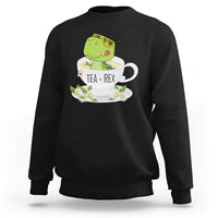 Black crewneck sweatshirt with green dinosaur tea graphic on front