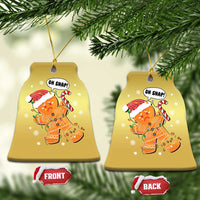 Gold bell-shaped gingerbread snap ornament pair with “Oh Snap!” and front/back tags