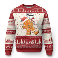 Red ugly Christmas sweater with gingerbread character 'Oh Snap!' and tree pattern