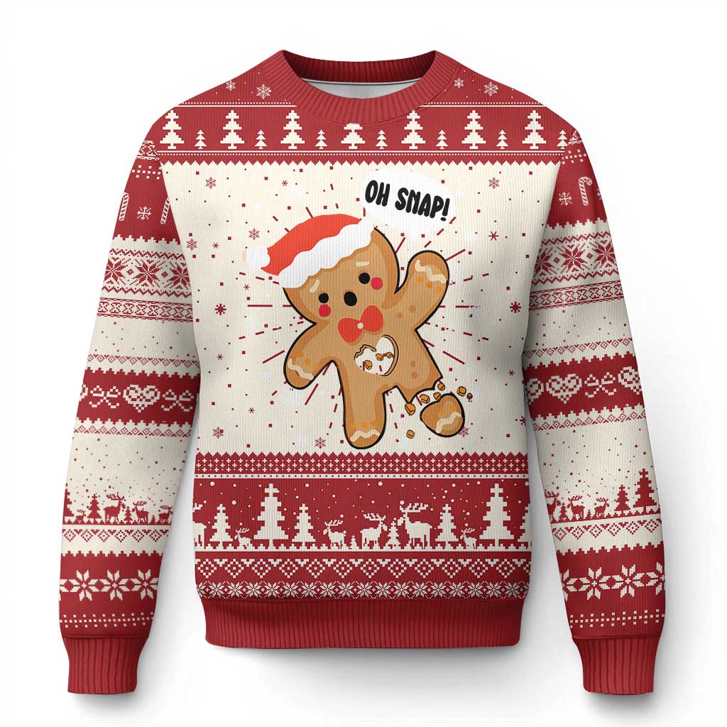 Red and cream Christmas ugly sweater with gingerbread reindeer graphic and 'OH SNAP!'