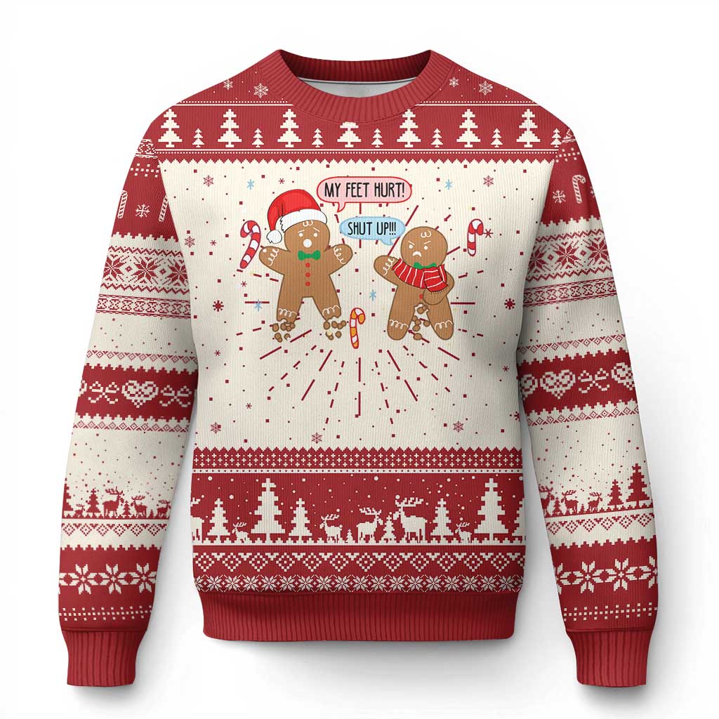 Ugly Christmas sweater, red and cream with gingerbread characters and festive tree pattern