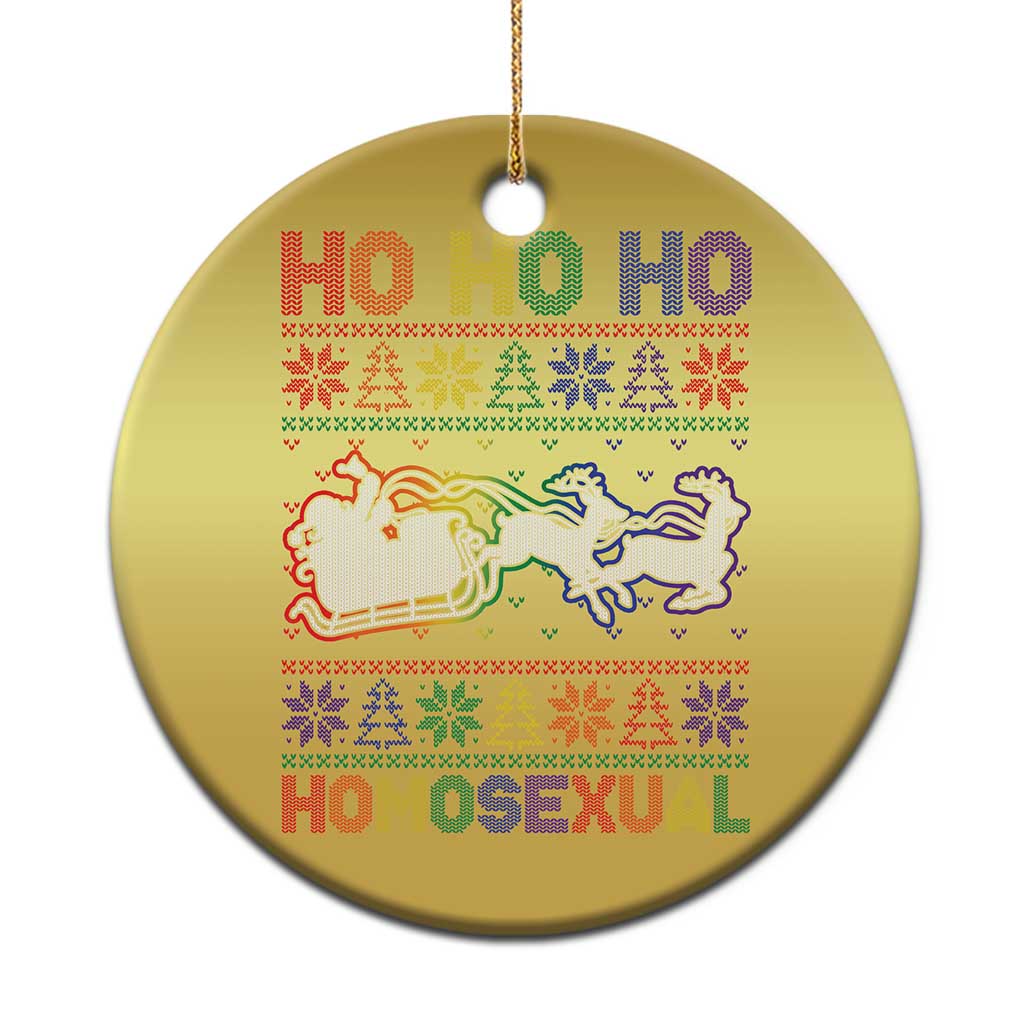 Gold round Christmas ornament with “Ho Ho Ho” text and colorful winter graphic.