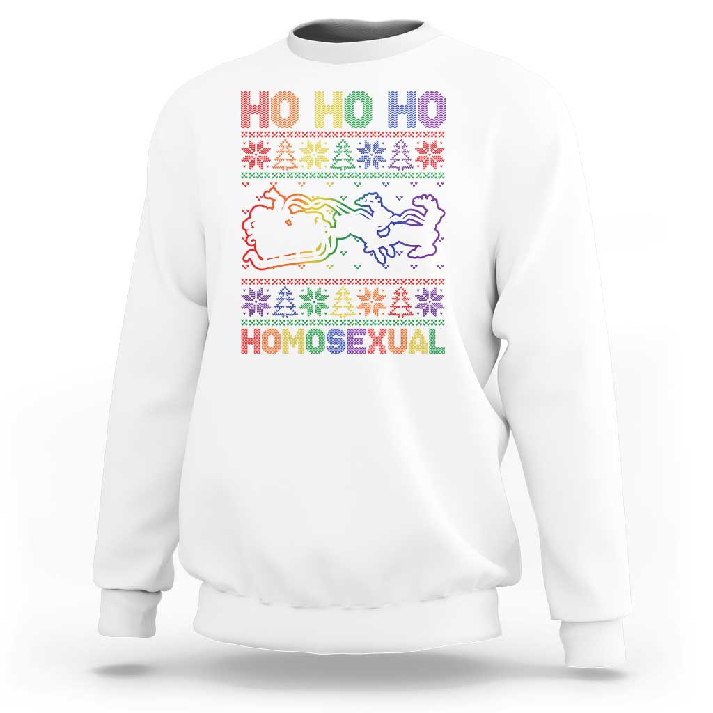White crewneck sweatshirt with colorful 'Ho Ho Ho' and 'HOMOSEXUAL' festive graphic