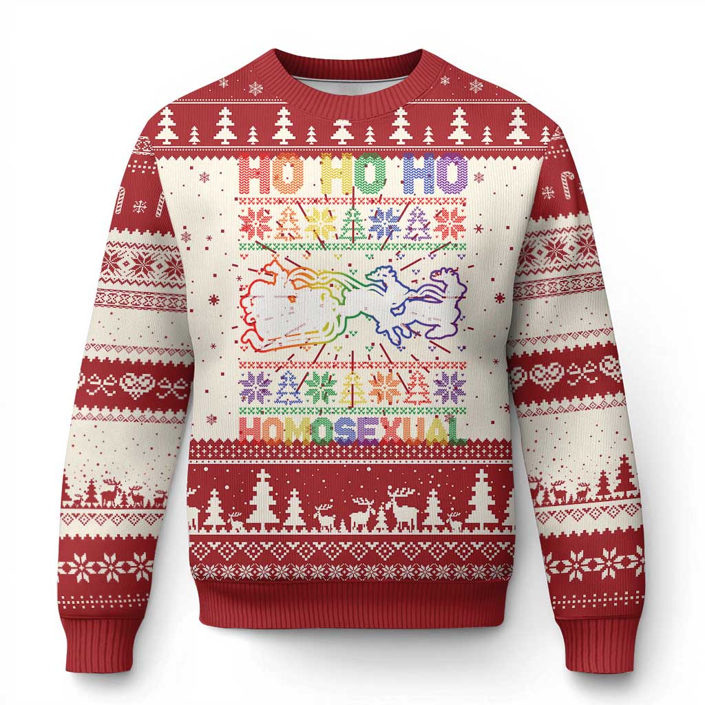 Red and cream ugly Christmas sweater with rainbow unicorn and 'HO HO HO' knit pattern