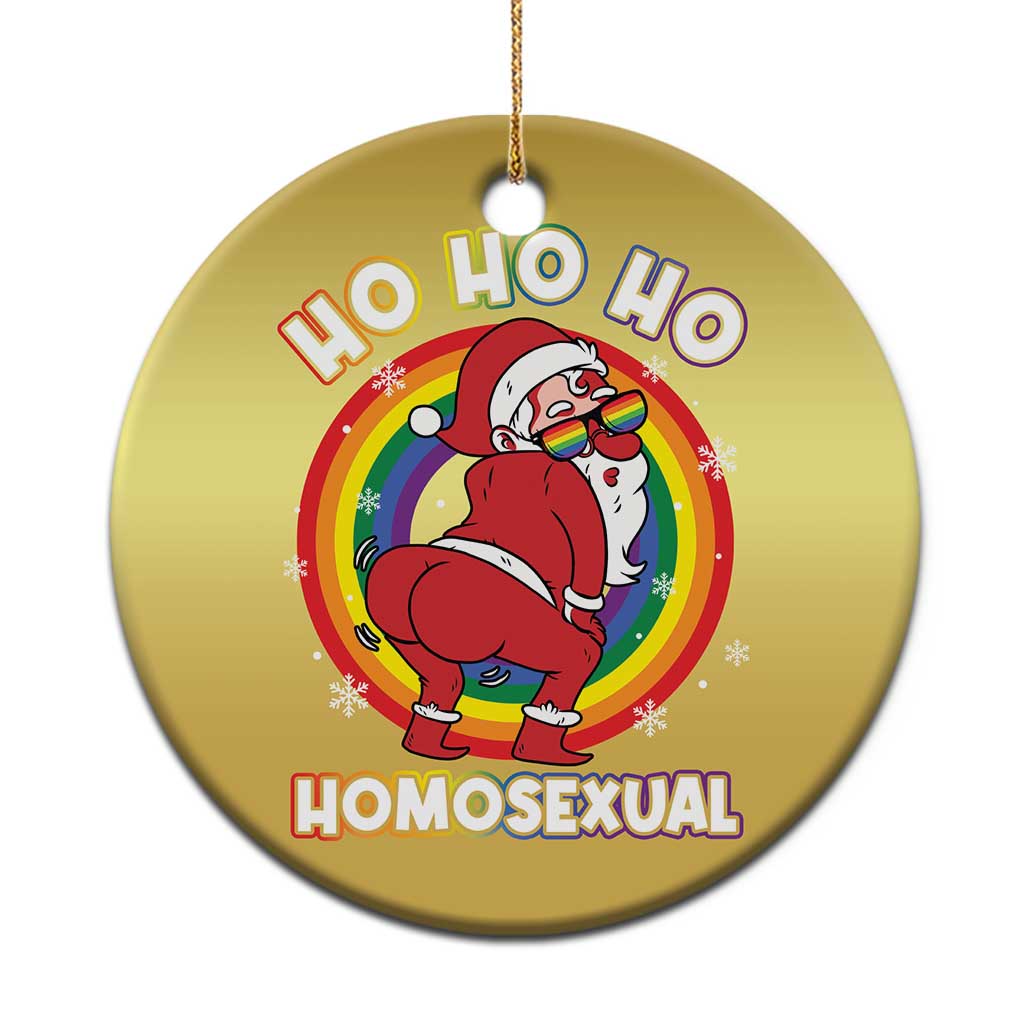 Gold round Christmas ornament with Santa, “HO HO HO” and “HOMOSEXUAL” text, hanging loop.