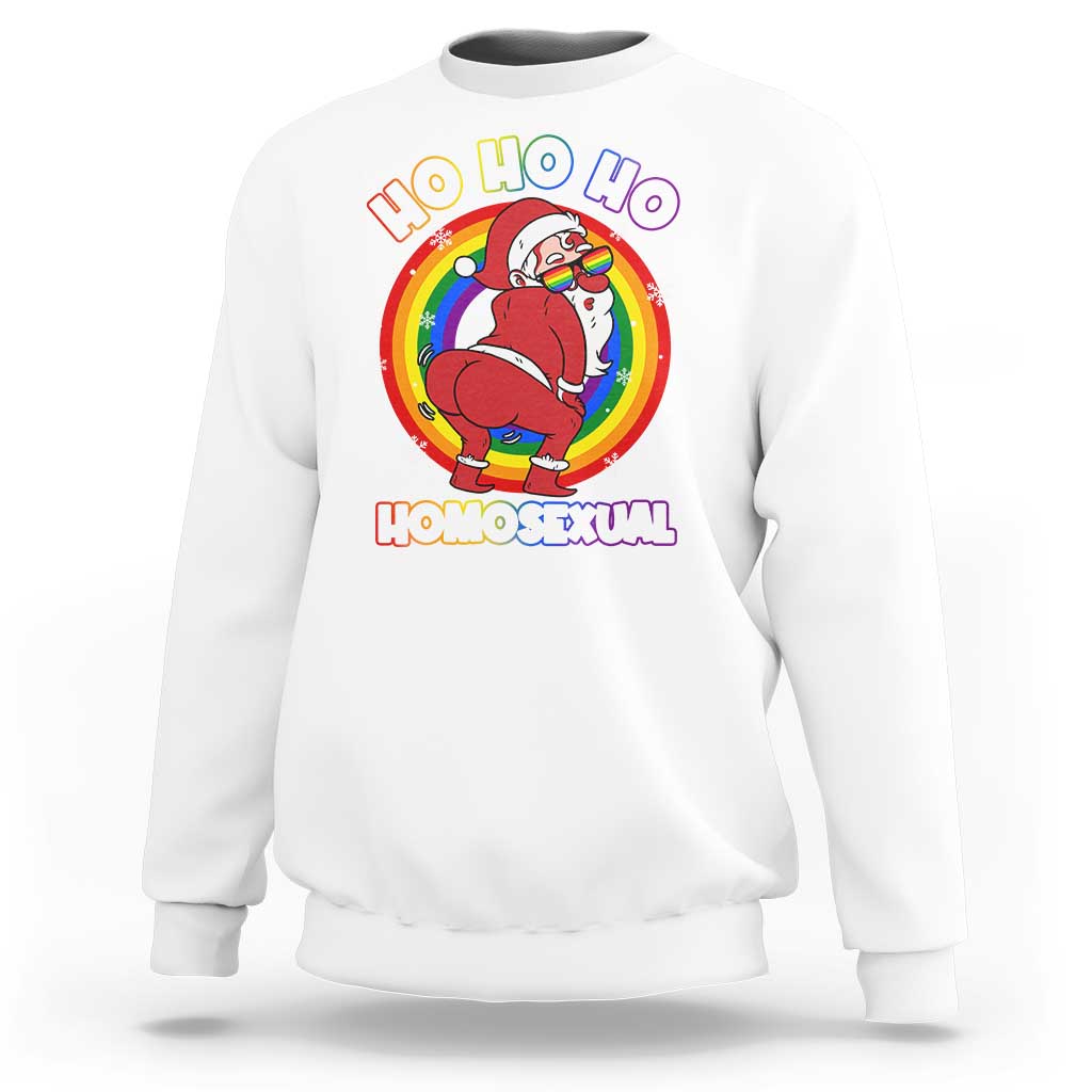 White crewneck Christmas sweatshirt with rainbow Santa graphic and “Homosexual” text