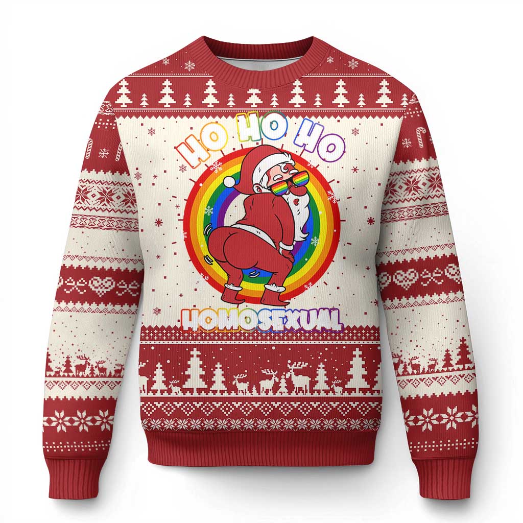 Red ugly Christmas sweater with rainbow Santa graphic and HO HO HO lettering