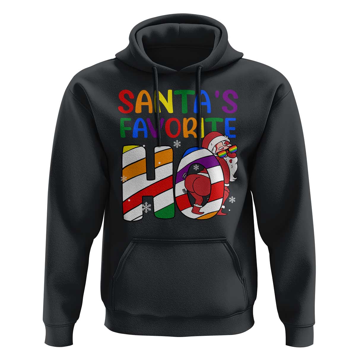 Black pullover hoodie with “Santa’s Favorite” rainbow graphic and Santa print