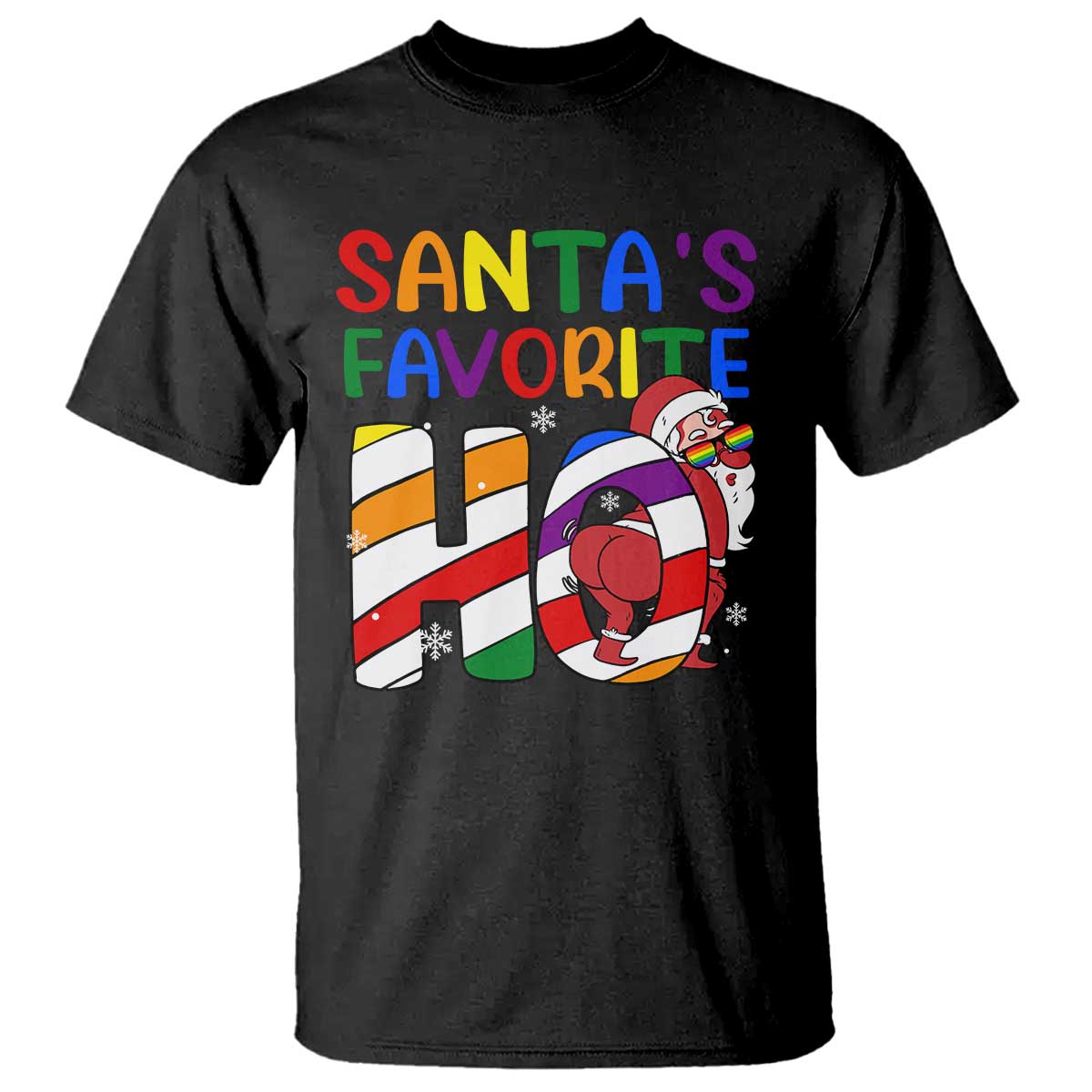 Black Christmas T-shirt with 'Santa's Favorite' rainbow text and Santa graphic