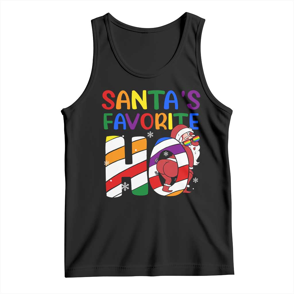 Black scoop-neck tank top with colorful Santa's Favorite graphic