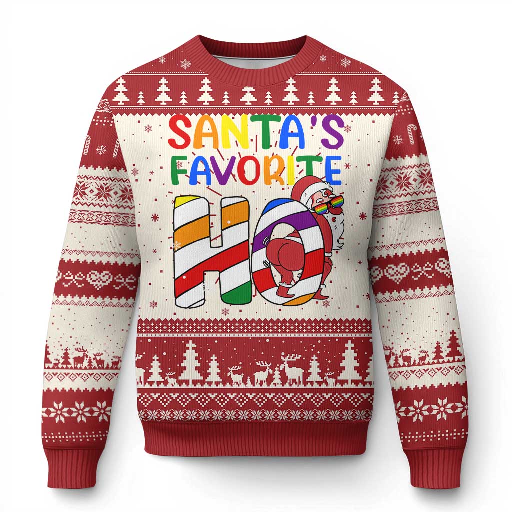 Red ugly Christmas sweater with 'Santa's Favorite' text, Santa graphic, and snowflake pattern