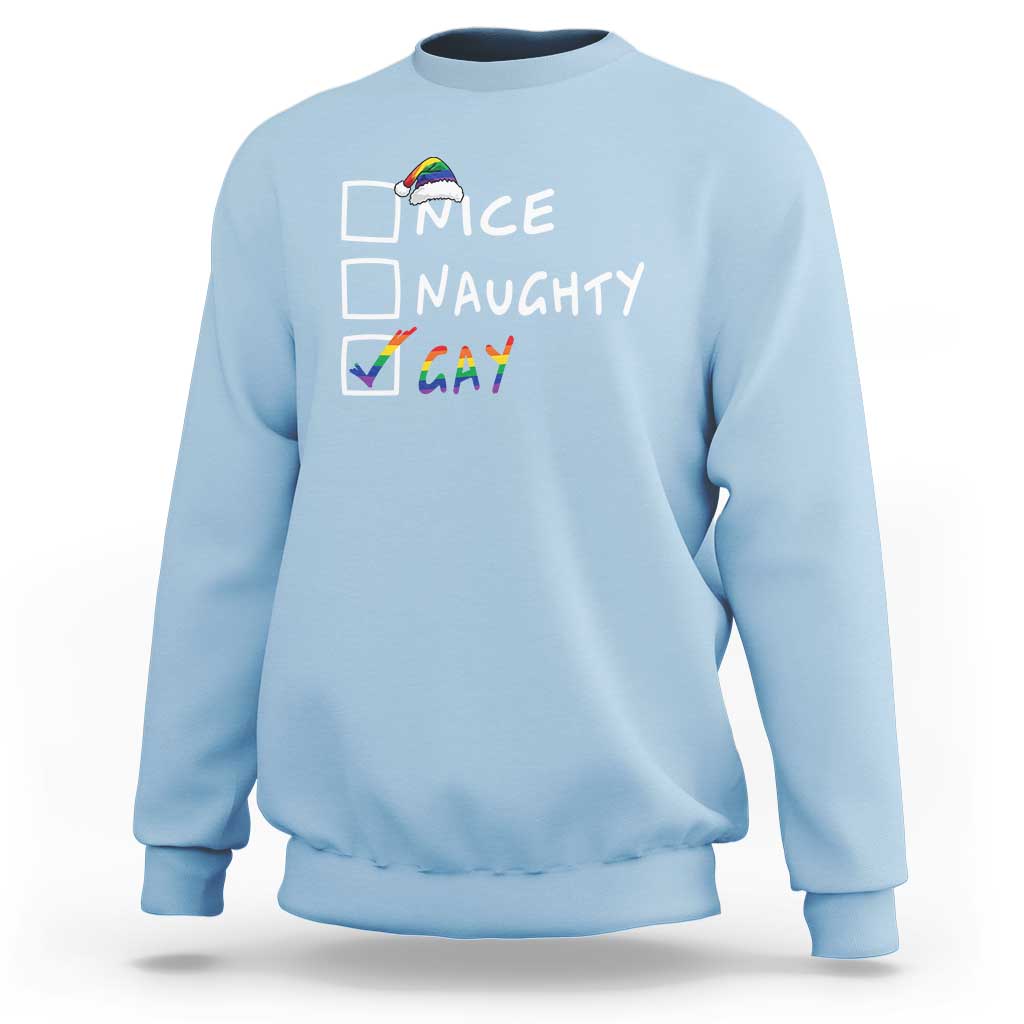 Light blue crewneck sweatshirt with 'Nice Naughty Gay' holiday graphic on front