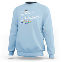 Light blue crewneck sweatshirt with 'Nice Naughty Gay' holiday graphic on front