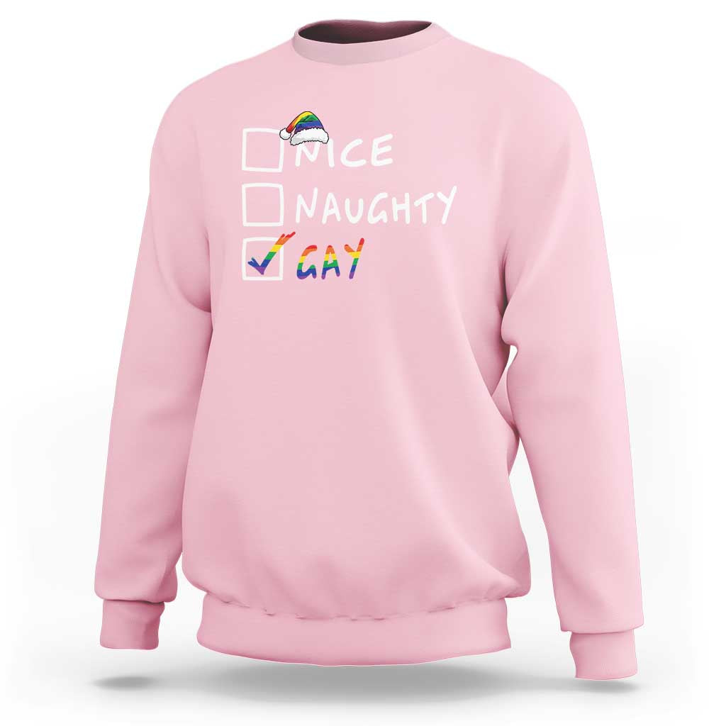 Light pink crewneck sweatshirt with 'Nice Naughty Gay' holiday graphic on front
