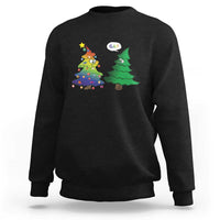 Black crewneck sweatshirt with colorful rainbow tree and green Christmas tree graphic