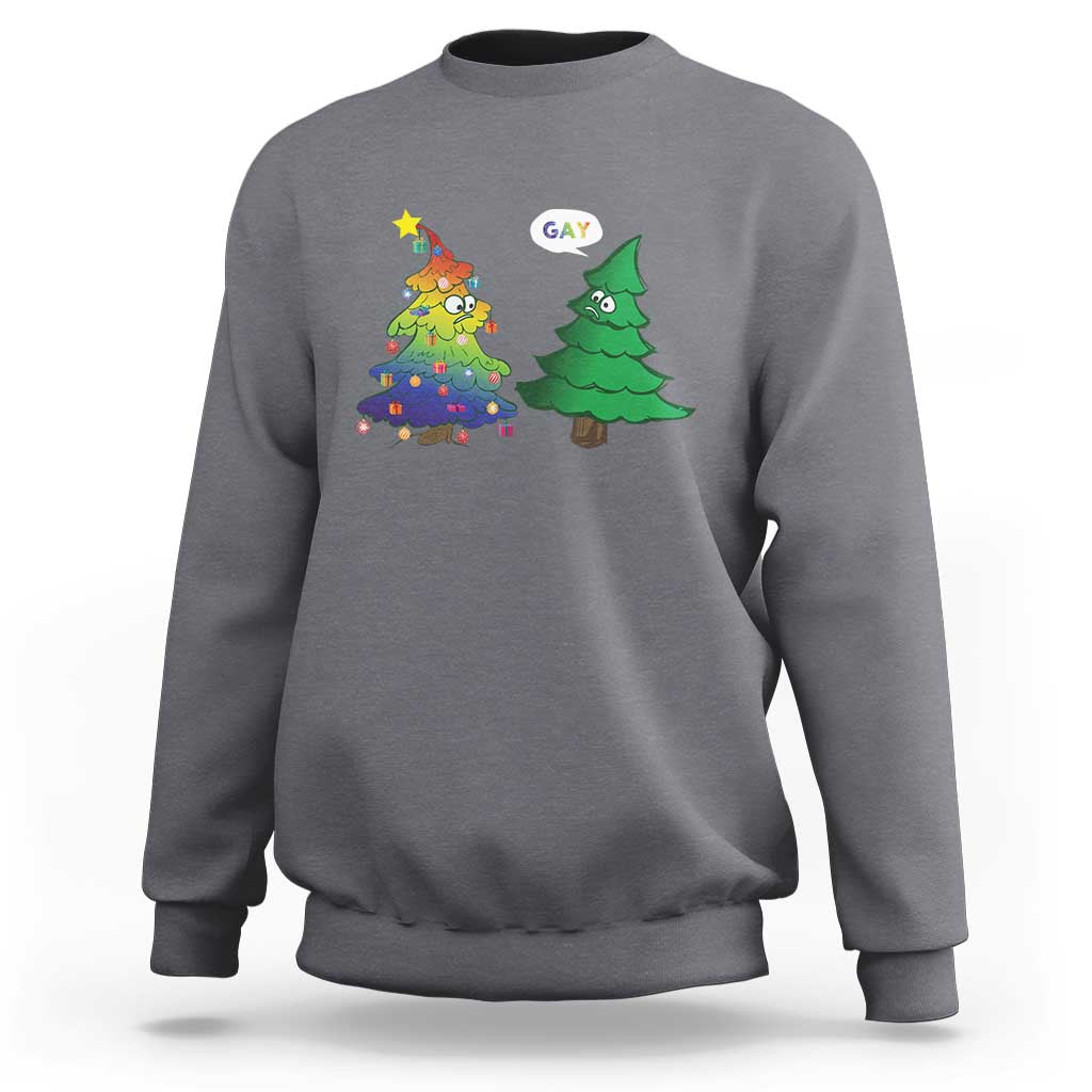 Charcoal crewneck sweatshirt with colorful rainbow tree and green Christmas tree graphic