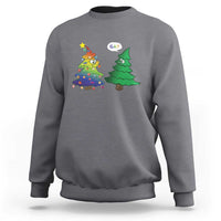 Charcoal crewneck sweatshirt with colorful rainbow tree and green Christmas tree graphic
