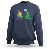 Navy crewneck sweatshirt with rainbow Christmas tree and green tree graphic