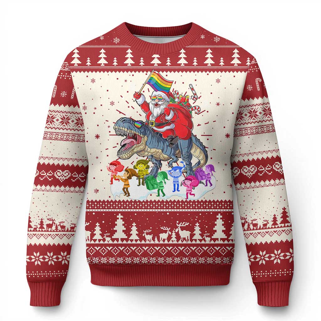 Ugly Christmas sweater with Santa riding dinosaur on cream and red background