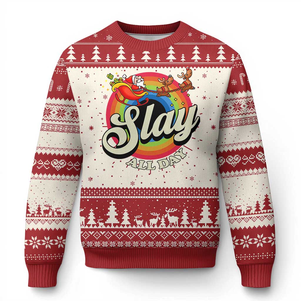 Red and cream ugly Christmas sweater with 'Slay All Day' graphic and tree border
