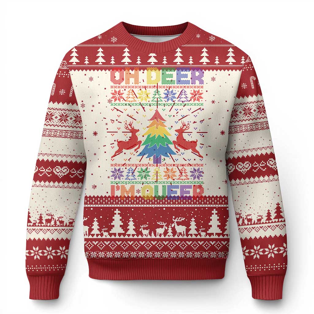 Red and cream ugly Christmas sweater with deer and Christmas tree front graphic
