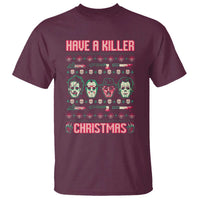 Maroon graphic horror Christmas T-shirt with “HAVE A KILLER CHRISTMAS” text and faces