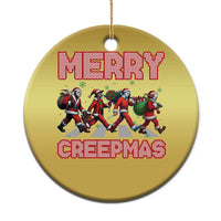 Gold round Christmas ornament with Merry Creepmas text and creepy characters graphic