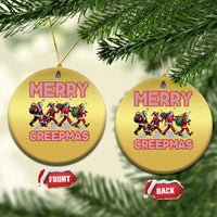 Gold round Christmas ornaments with Merry Creepmas text and character graphic design