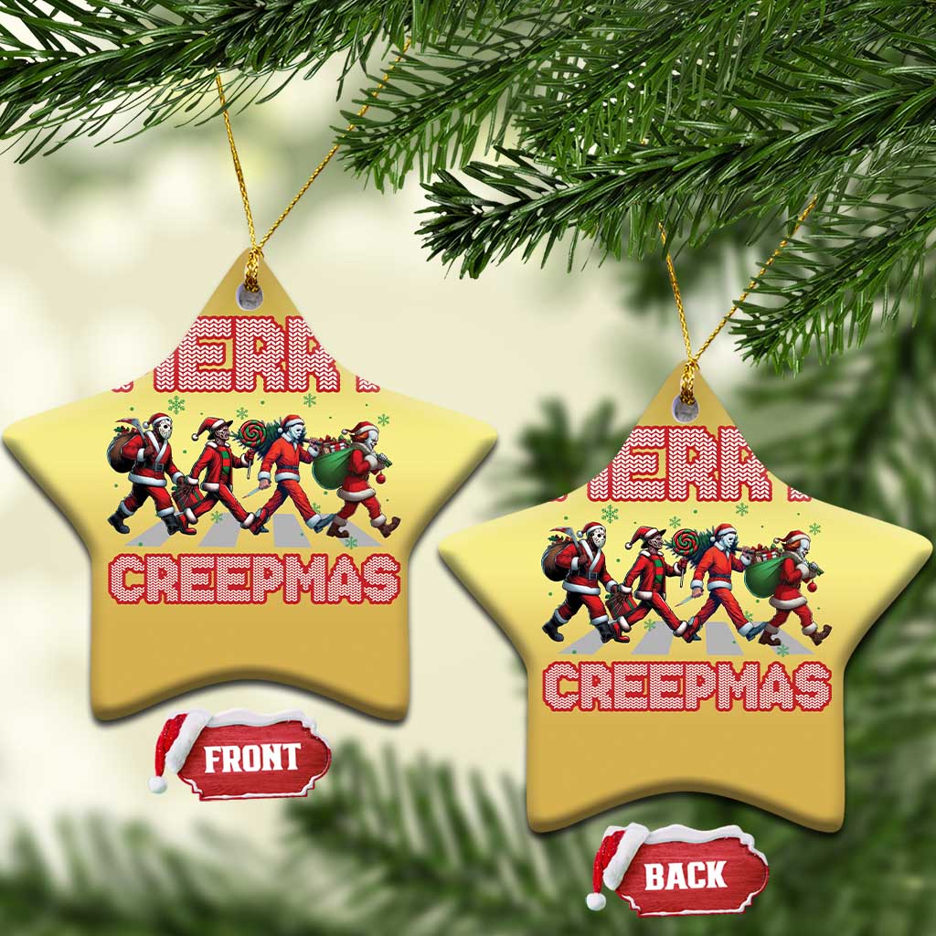 Gold snowflake-shaped Christmas ornament with Merry Creepmas text and character graphic